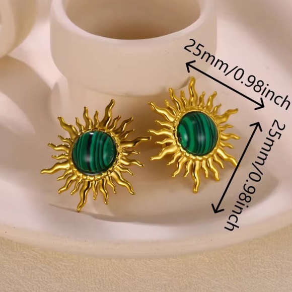 Malachite Sun 18K Gold Stainless Steel Waterproof Earrings - Picture 4 of 4